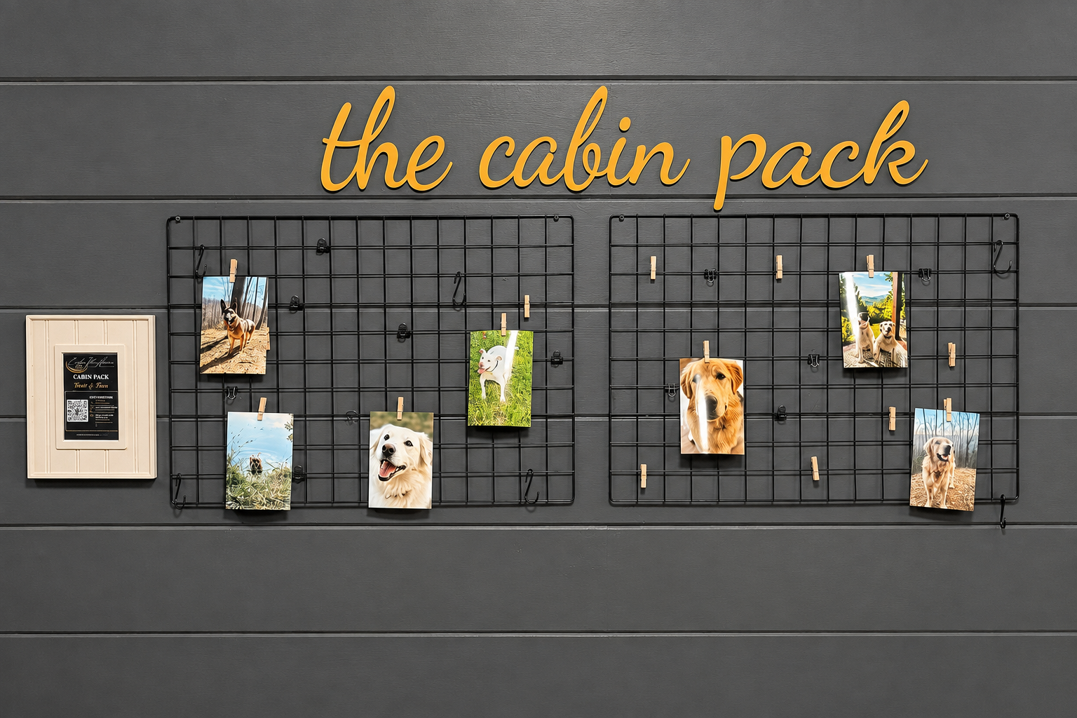 The Cabin Pack wall displaying photos of four-legged guests